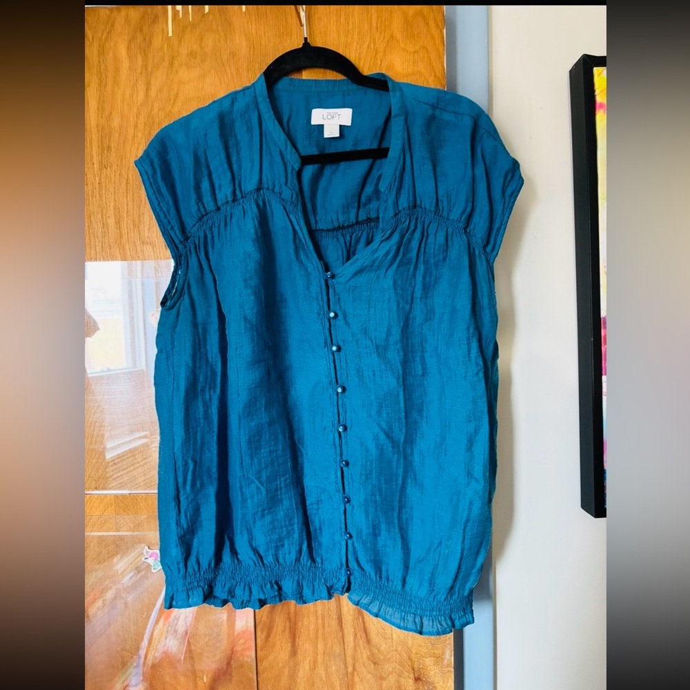 ANN TAYLOR LOFT Blue Blouse Button Elastic Waist Top, Size Medium